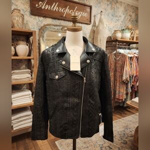 Anthropologie Black Textured Leather-Trim Moto Jacket
